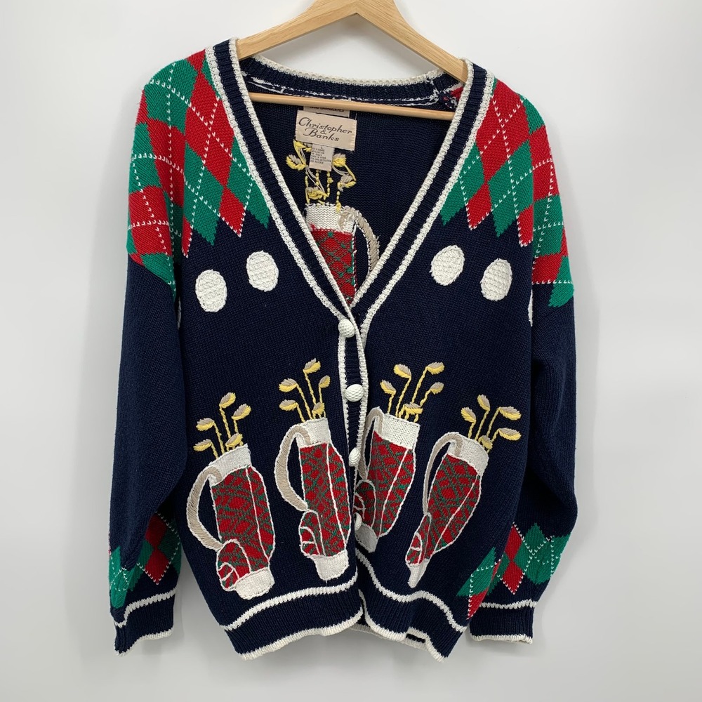 VTG Christopher Banks Golf Cardigan Sweater Womens L Ramie Cotton Embroidered